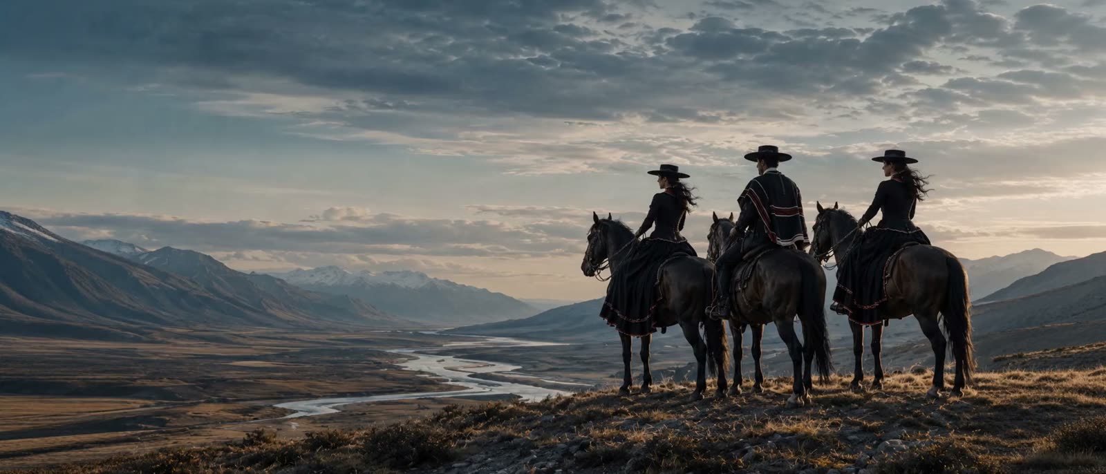 Escuadra a caballo en un cerro, mirando el valle cordillerano al amanecer